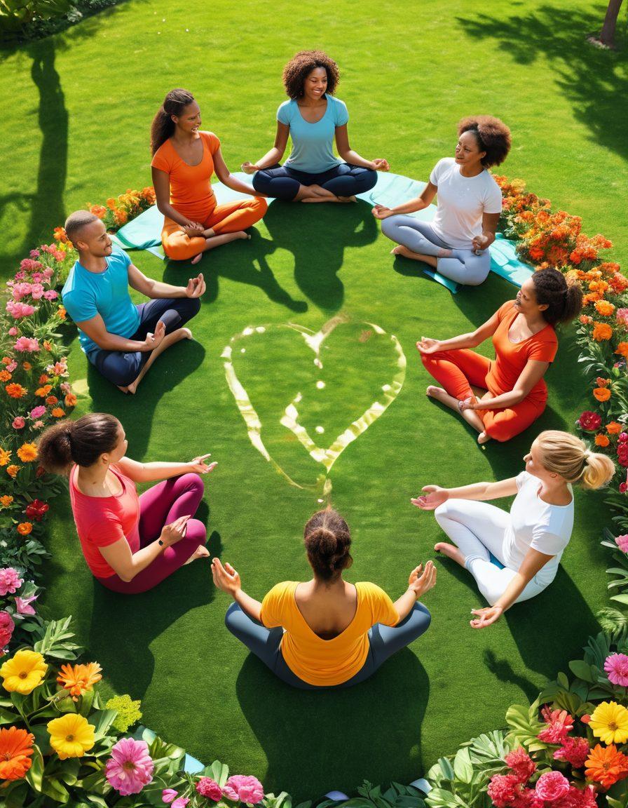A radiant sunlit scene featuring diverse individuals joyfully engaging in various wellness activities like yoga, meditation, and fun group exercises in a park. Surround them with colorful flowers and lush greenery to symbolize natural healthcare solutions. Incorporate elements like wellness symbols (like a heart and leaves) subtly in the background. The overall mood should be uplifting and harmonious, emphasizing vitality and connection. vibrant colors. super-realistic.