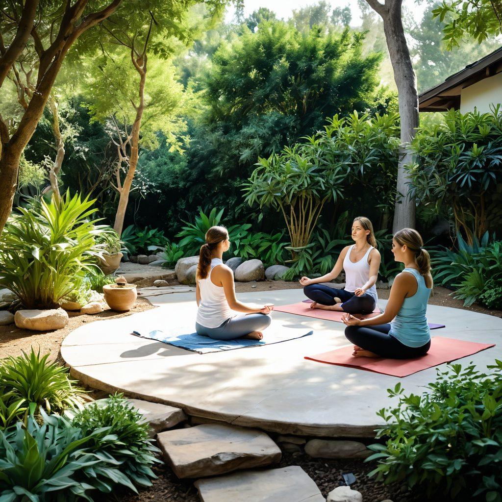 A serene scene depicting a diverse group of people engaging in various wellness activities such as meditation, yoga, and counseling sessions in a tranquil garden setting, filled with lush greenery and soft natural light. Include elements like soothing water features, uplifting quotes on the ground, and medical professionals interacting positively with clients. Emphasize a sense of community, growth, and healing. watercolors. soft pastel colors. peaceful ambiance.