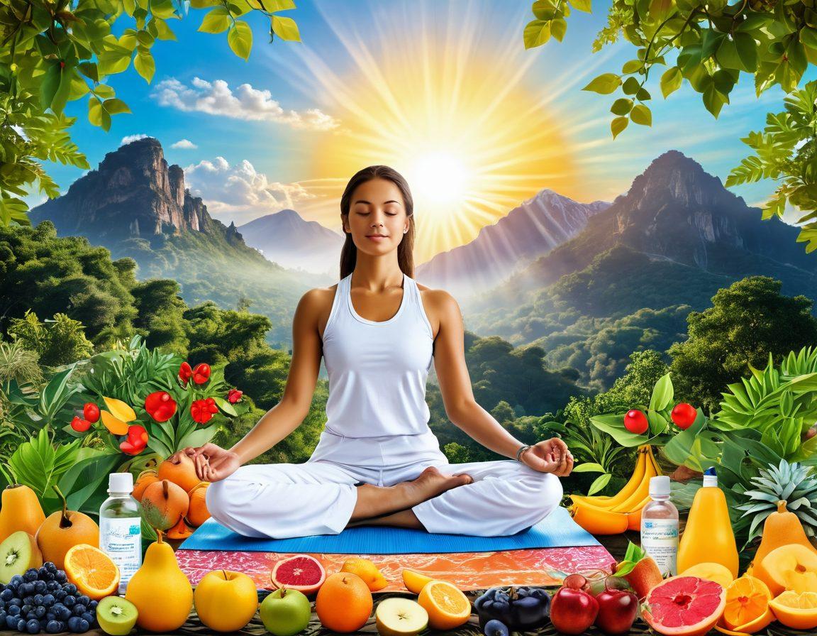A vibrant collage depicting a joyful person meditating amidst nature, surrounded by symbols of health like fruits, yoga mats, and medicine bottles merging into a bright sun. The background showcases a serene landscape with lush greenery and a clear blue sky, symbolizing comprehensive health management. The person radiates positive energy, embodying cheerful wellness. super-realistic. vibrant colors. white background.